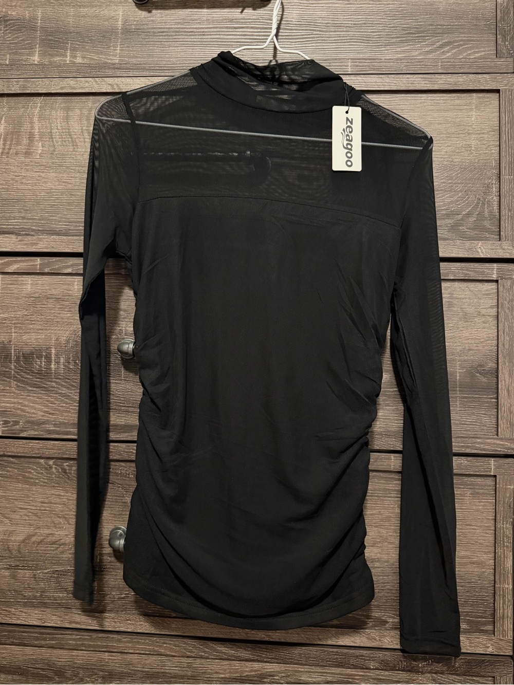 Women's Black Long-Sleeve Mesh Mock Neck Top